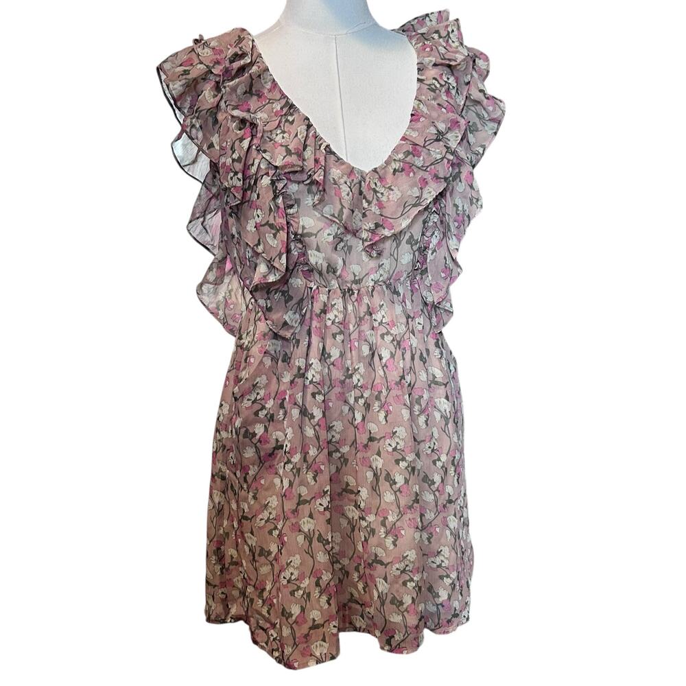 ARYN K. Dress Ruffles Y2K Blouson Sheer Lined Floral Fairy Boho SZ Sm Pinks